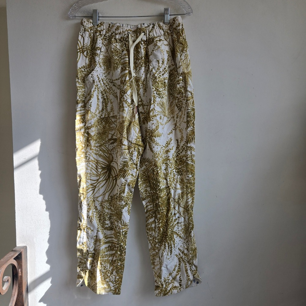 Anthropologie Pilcro Sz S Yellow Leaf Printed Linen Elastic‎ Waist Casual Pant